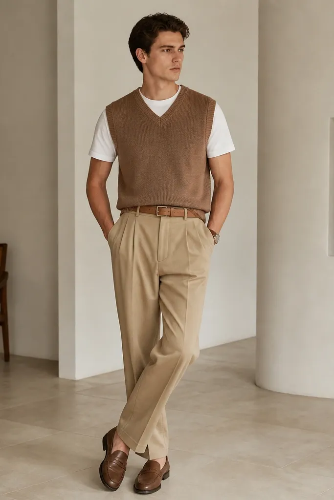 A mushroom-brown sweater vest over a plain white crew tee, paired with khaki pleated pants. The outfit includes a thin tan belt and light brown loafers. The photo highlights a neat V-neck opening and clean, tailored lines.