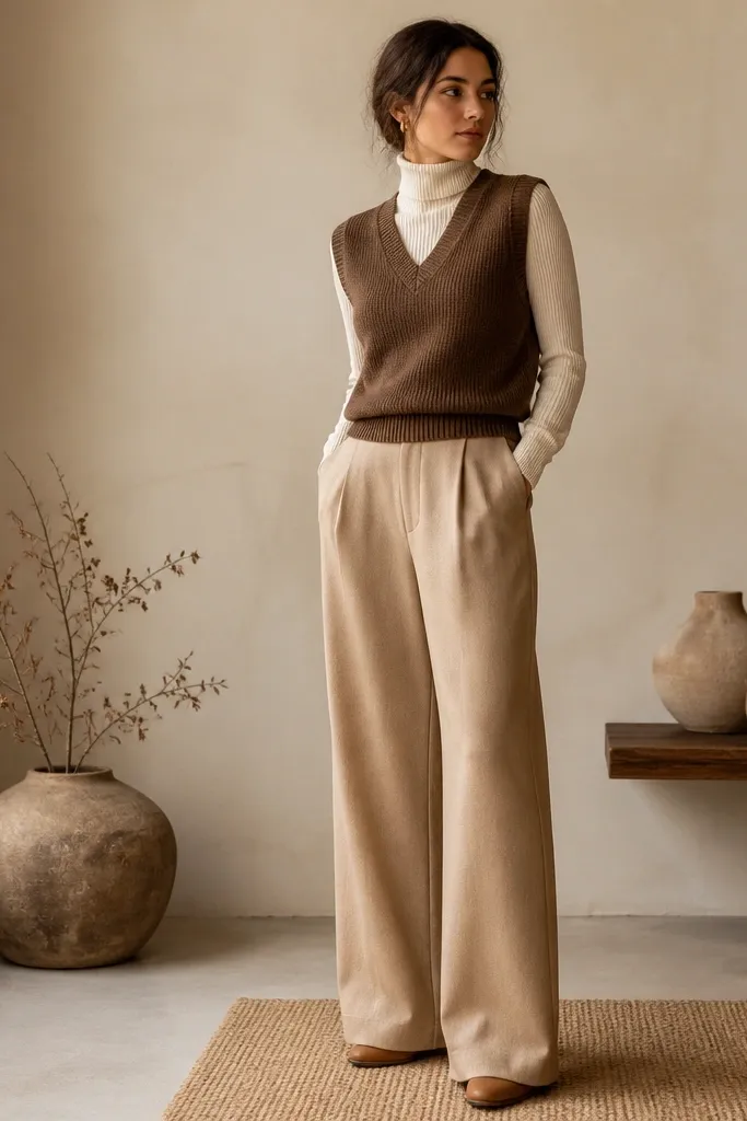 A walnut-brown sweater vest over an off-white ribbed turtleneck. The pants are oat-colored and wide-leg, with the hem grazing the tops of tan boots. The overall look is monochrome warm neutrals.