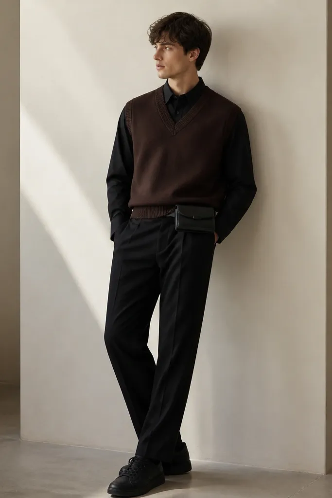 A deep brown V-neck sweater vest layered over a black button-up shirt. The outfit includes black trousers and a small leather belt bag worn at the waist. The shoes are dark sneakers, and the styling stays sleek and minimal.