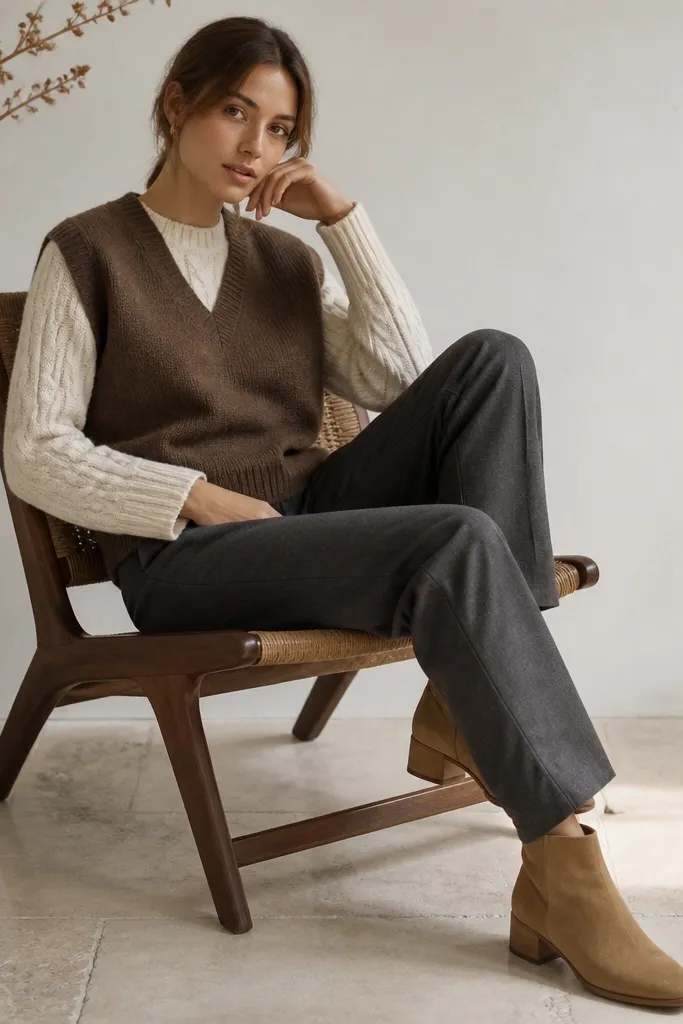 A mocha-brown sweater vest over a cream cable-knit sweater that peeks out at the neck and sleeves. The pants are straight-leg charcoal and the outfit is finished with suede tan ankle boots.
