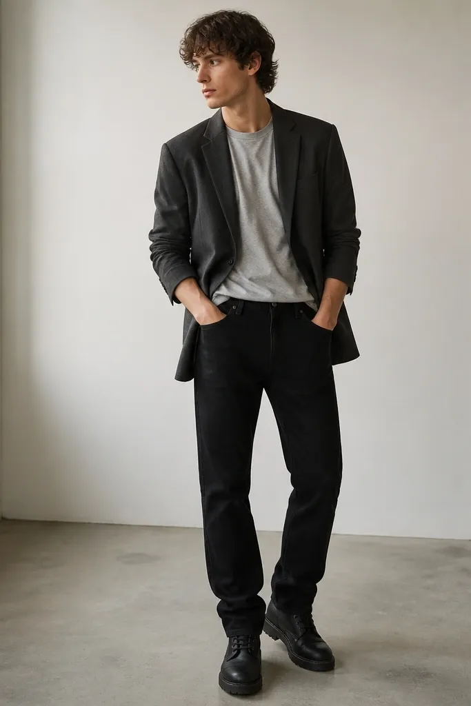 Black Timberland boots with dark laces under black straight-leg jeans. The top is a heather gray crewneck tee, layered with an oversized charcoal blazer. The blazer hem hits mid-hip, and sleeves are slightly pushed up.