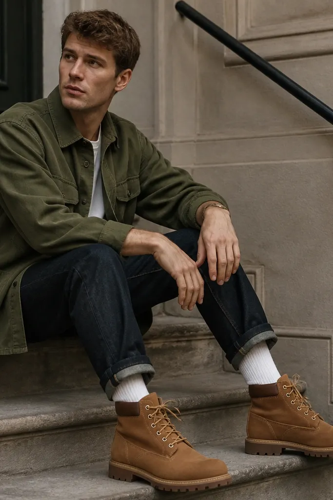 Timberland boots in a classic brown tone with visible tread, paired with dark wash jeans. An olive utility overshirt is buttoned mid-way, with a crisp white crew sock showing above the boot shaft.