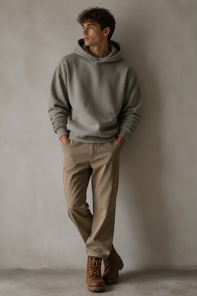Brown Timberland boots with tan laces under straight-leg khaki pants. A stone-gray oversized hoodie sits on top with relaxed shoulders; the hoodie sleeves are pulled to show the cuffs. The look is monochrome and minimal.
