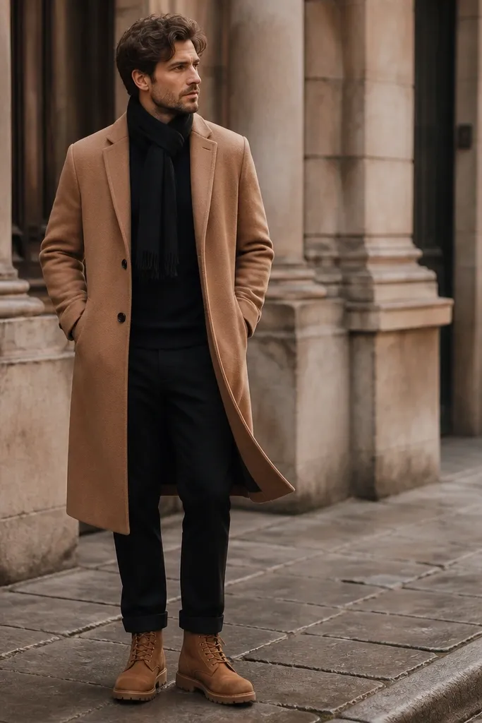 Timberland boots in a warm brown tone under black tapered trousers. A camel wool overcoat with a single-breasted closure is worn open, and a thin black scarf is wrapped neatly at the neck.