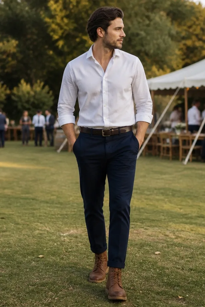 A navy chino with a clean hem and slight taper paired with classic brown Timberland boots. A white Oxford button-down is worn tucked with the top button open; the scene looks like an outdoor event with natural light.
