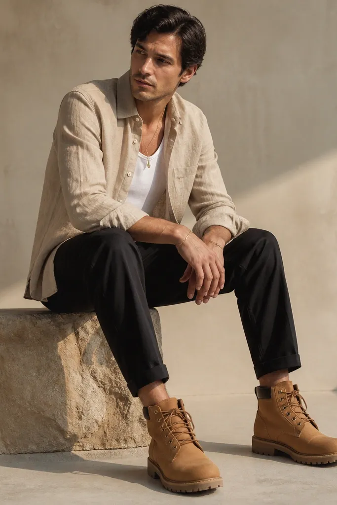Brown Timberland boots under black cropped trousers with a clean cuff. A sand linen button-up is worn slightly open over a plain white tank; minimal gold jewelry is visible at the wrist and neck.