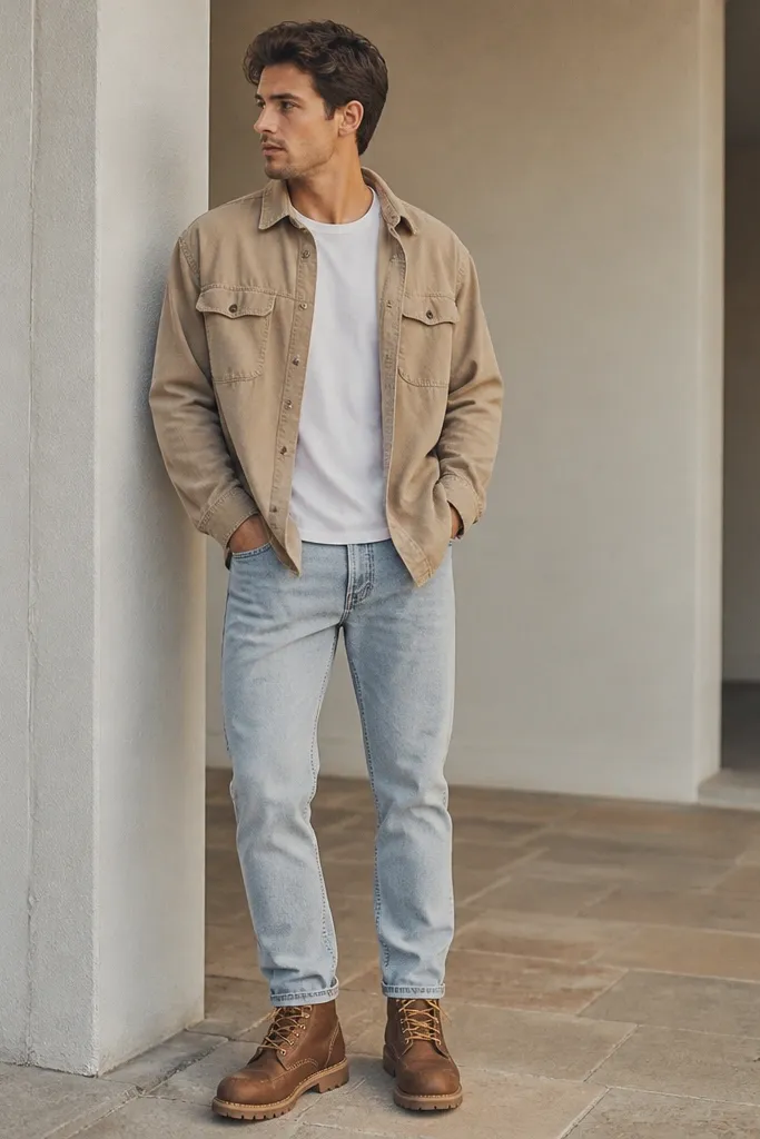 Light wash jeans with a slim-straight cut and a white crew tee. A muted tan overshirt with light distressing is worn open; brown Timberland boots anchor the look with tan laces.