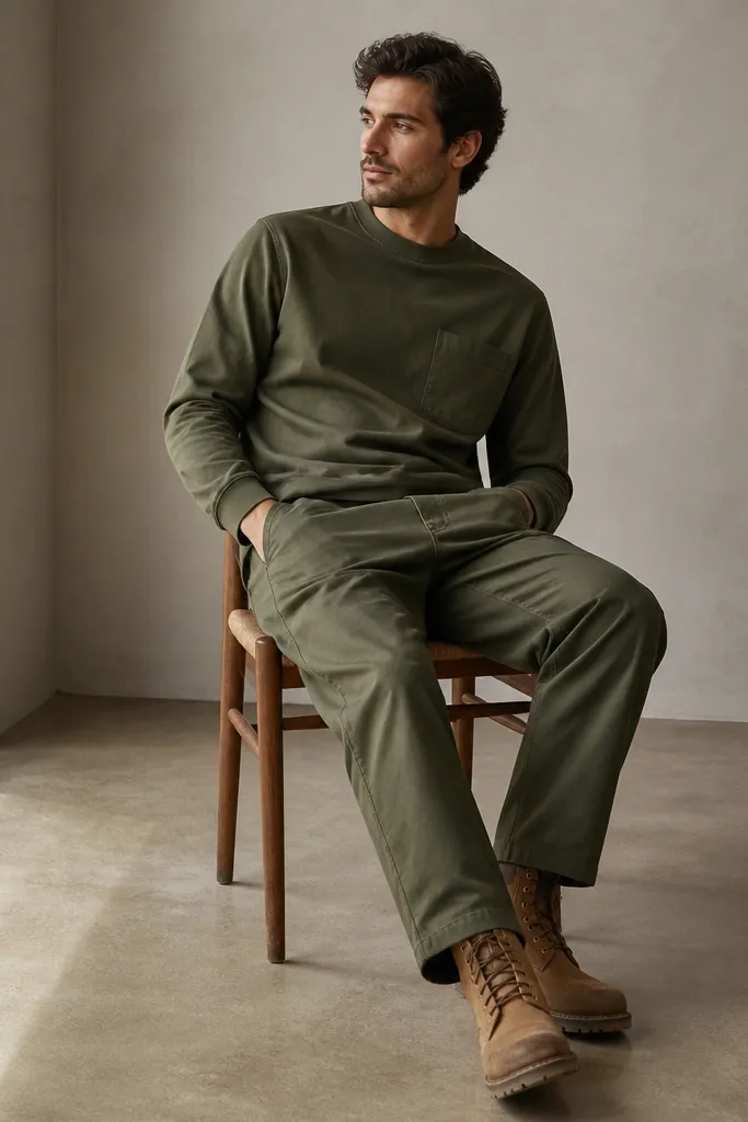A matching olive top and pant set with a relaxed fit. Brown Timberland boots with minimal laces are worn with the pant leg cropped just above the boot. The look is monochrome and clean.