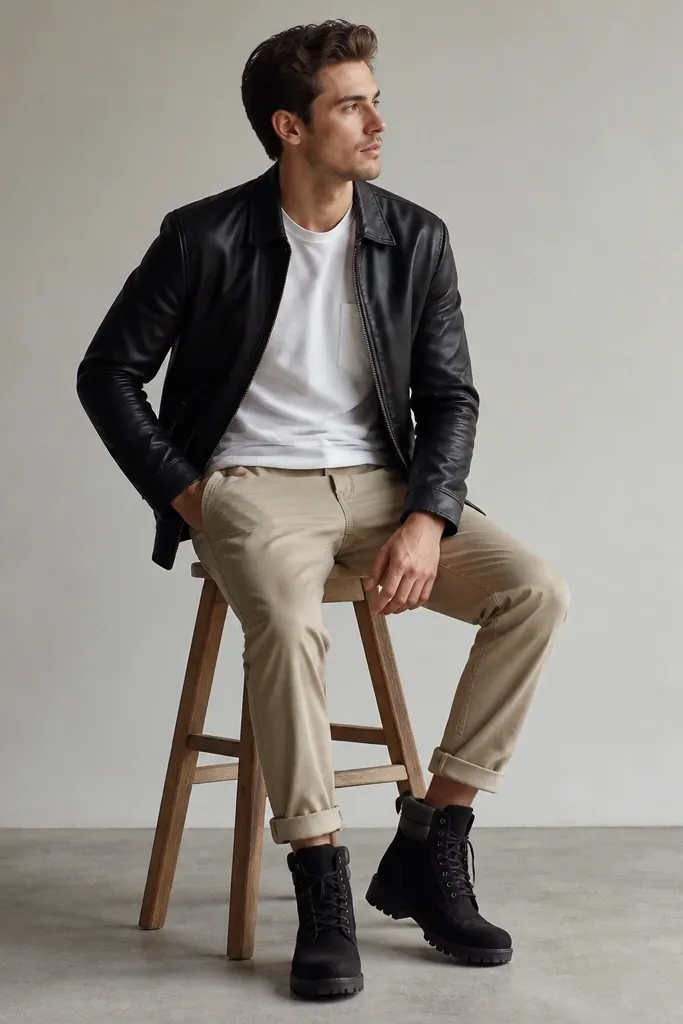 Black Timberland boots with a leather jacket worn over a white pocket tee. Beige chinos are cuffed slightly at the ankle, showing the boot shaft. The styling is sharp with a clean, dark-on-light contrast.