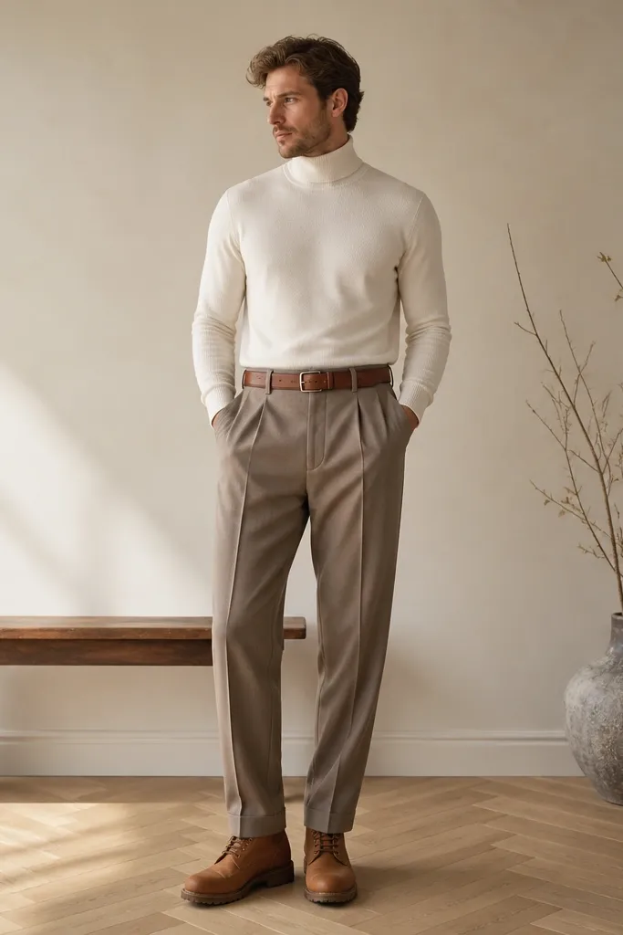 Brown Timberland boots paired with taupe pleated trousers that fall straight with a neat break. A cream turtleneck is tucked in, and a cognac belt matches the boot tone. The outfit looks polished and minimal.