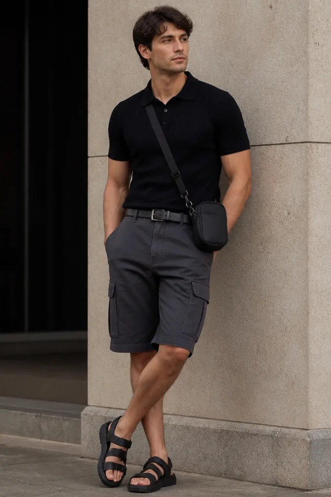 A man in a fitted black ribbed polo shirt with a slightly long collar. He wears knee-length cargo shorts in charcoal with a subtle sheen, a black belt, and sporty sandals. A small crossbody bag sits at his hip.