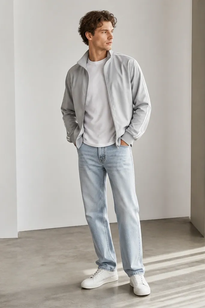 A man wearing a light gray nylon track jacket with a zip front and minimal stripe detailing. Under it is a boxy white graphic-free tee. He wears light wash straight jeans and clean white sneakers.