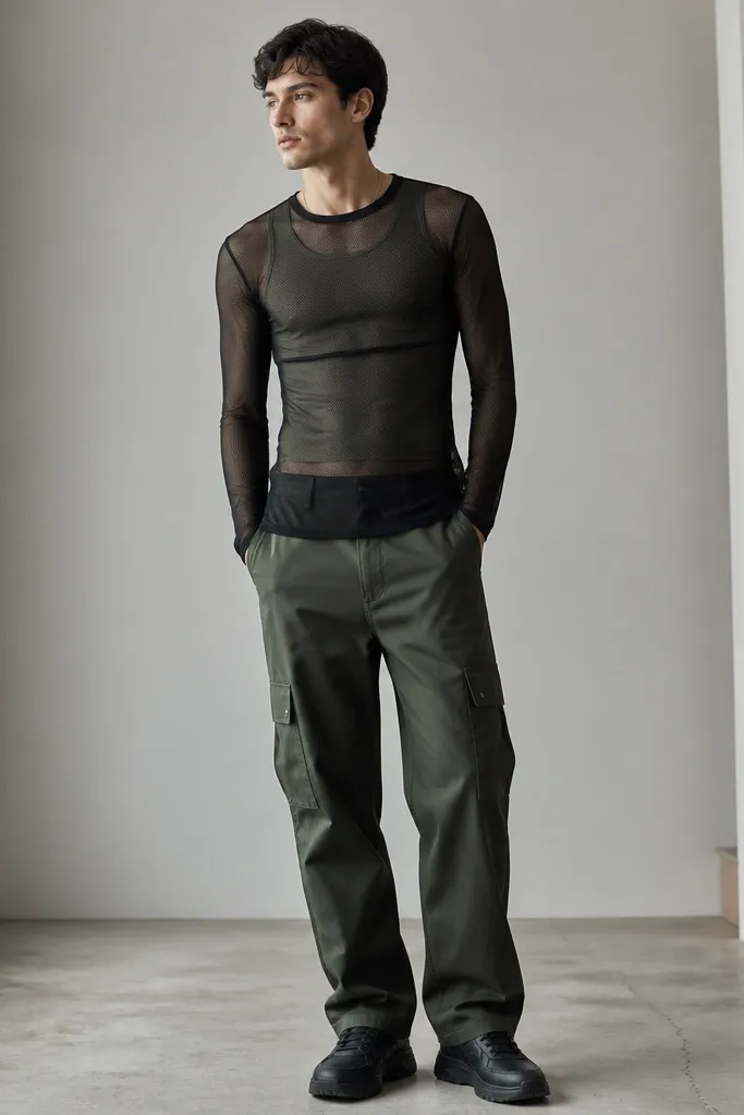 A man layered with a black mesh long-sleeve over a fitted olive tank. He wears straight cargo pants in dark green and black sneakers. The mesh top shows through at the sleeves and torso for a subtle see-through effect.