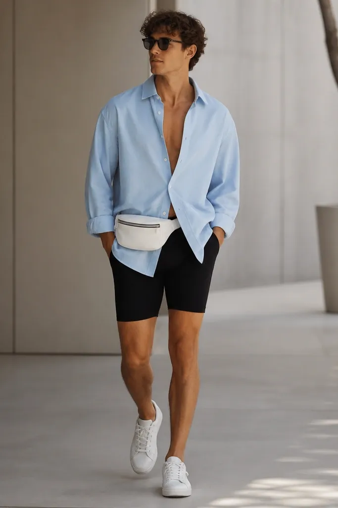A man wearing an oversized light blue button-down shirt worn half-open over black bike shorts. He has a white belt bag at his waist and white sneakers. The sleeves are rolled once, and the shirt fabric looks crisp.