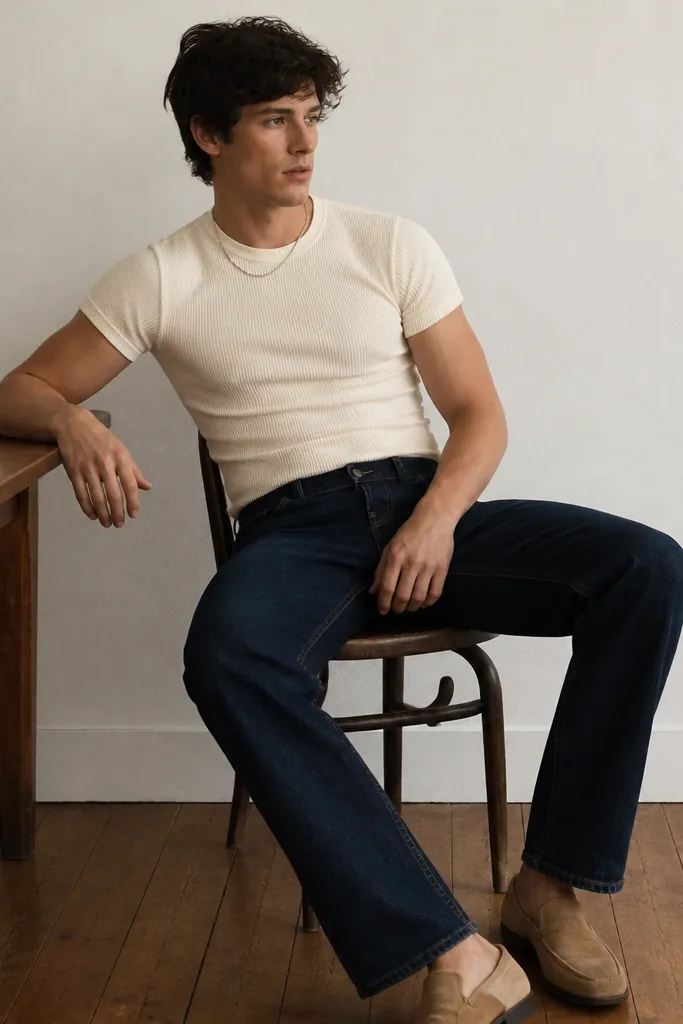 A man in a fitted baby tee in cream with a subtle rib texture. He pairs it with mid-rise dark denim jeans with a straight leg, a thin silver chain, and tan slip-on shoes.