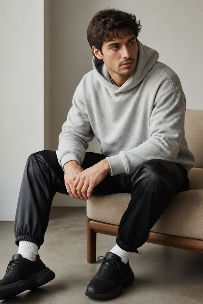 A man wearing a heather gray hoodie with no visible logo. He pairs it with black satin-like track pants that catch light slightly. He adds white socks and chunky black sneakers.