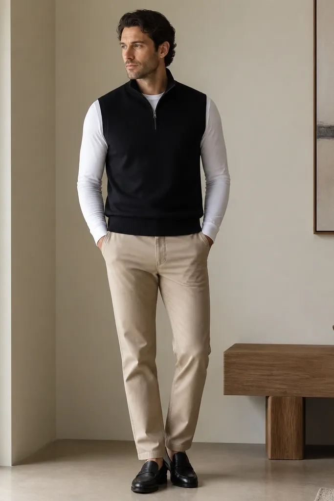 A man wearing a black half-zip sweater vest over a white long-sleeve fitted tee. He has on straight khaki trousers and black loafers. The layering shows a neat neckline and a small collar peek.