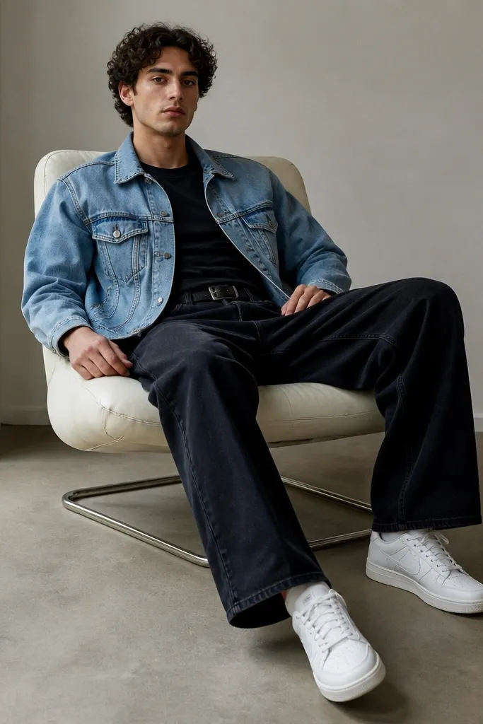 A man wearing a cropped light blue denim jacket with visible seams and a slightly boxy fit. Underneath is a fitted black tee. He pairs it with wide-leg dark jeans and white leather sneakers.
