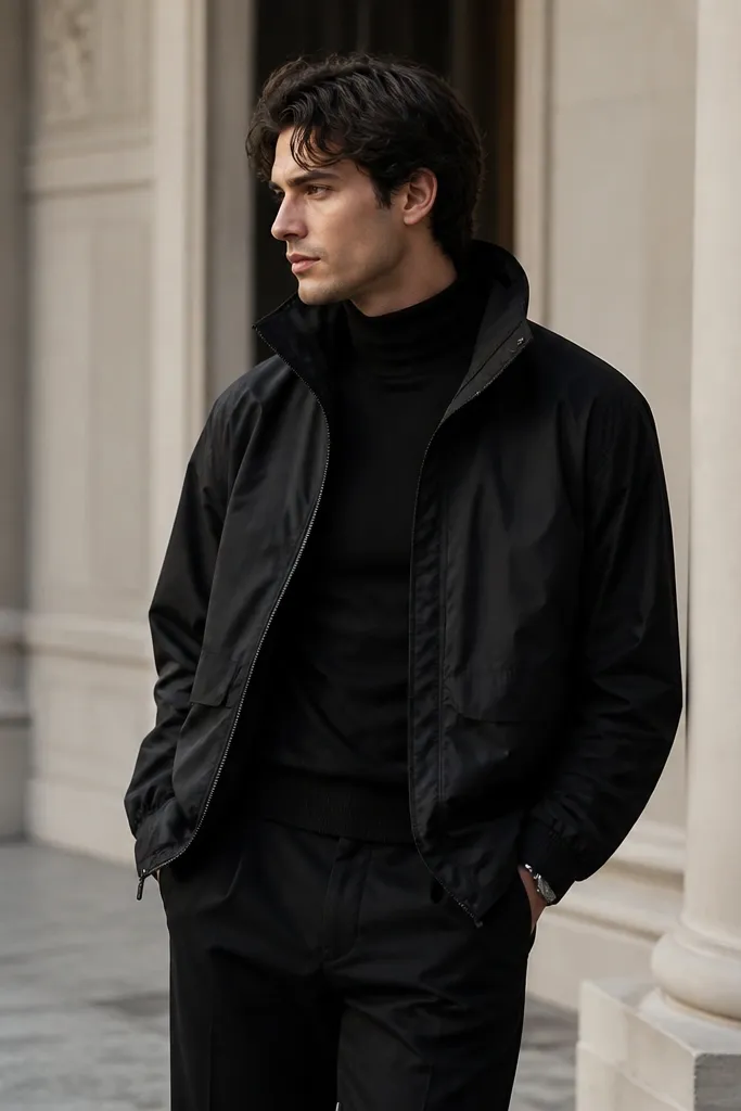 A man in a fitted black turtleneck under a black nylon windbreaker with a high collar. He wears straight black trousers and a small silver watch. The windbreaker is slightly open, showing the turtleneck line.