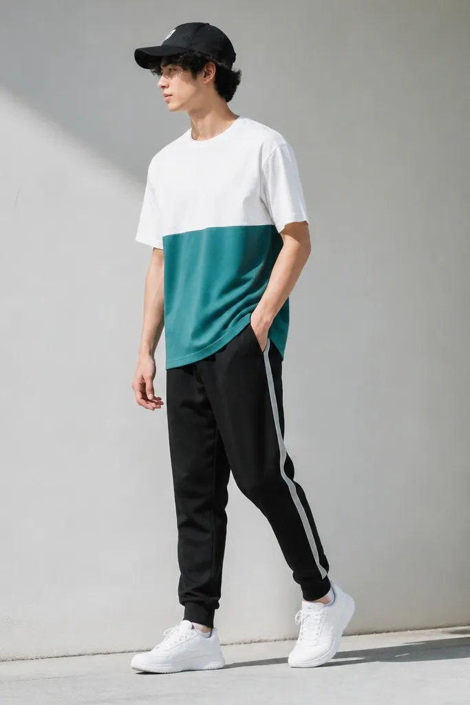 A man wearing a simple color-blocked tee with two tones (white and muted teal) and no busy graphic. He pairs it with black track pants with a single vertical stripe. He finishes with white sneakers and a black cap.