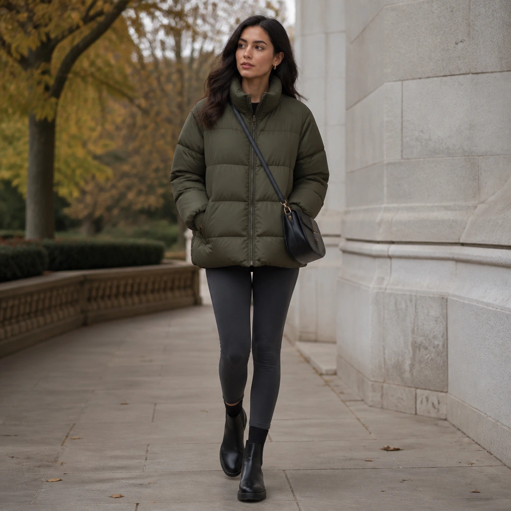 An olive puffer jacket paired with charcoal leggings and dark ankle boots, plus a simple black crossbody bag.