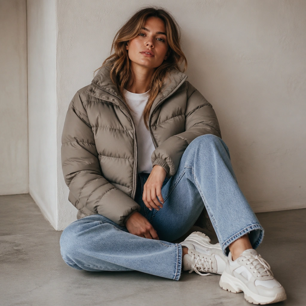 A taupe puffer jacket over a white tee with light-wash denim jeans and chunky sneakers in off-white and gray.