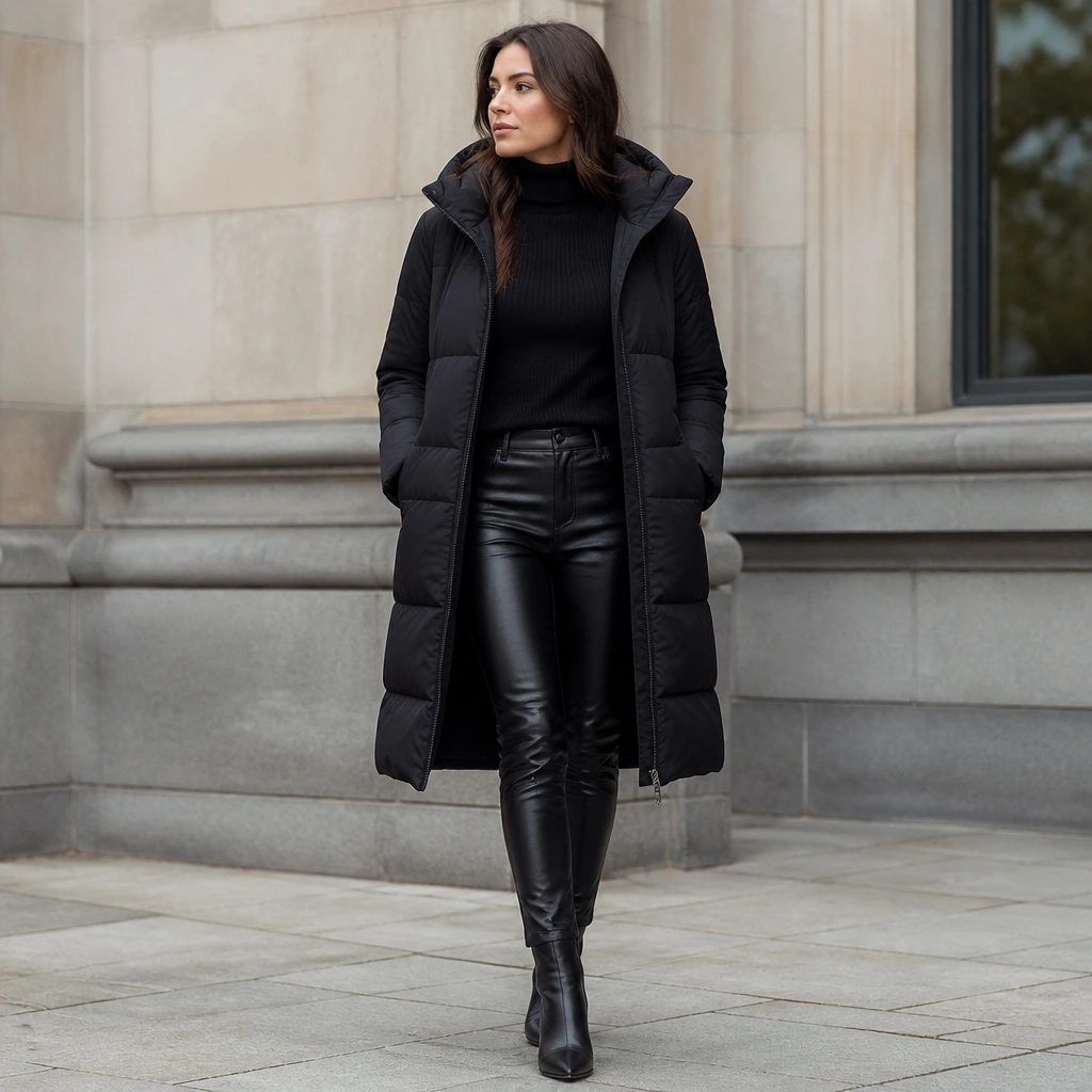 A longer black puffer jacket worn with a black ribbed turtleneck and black leather-look pants, styled with sleek black ankle boots.