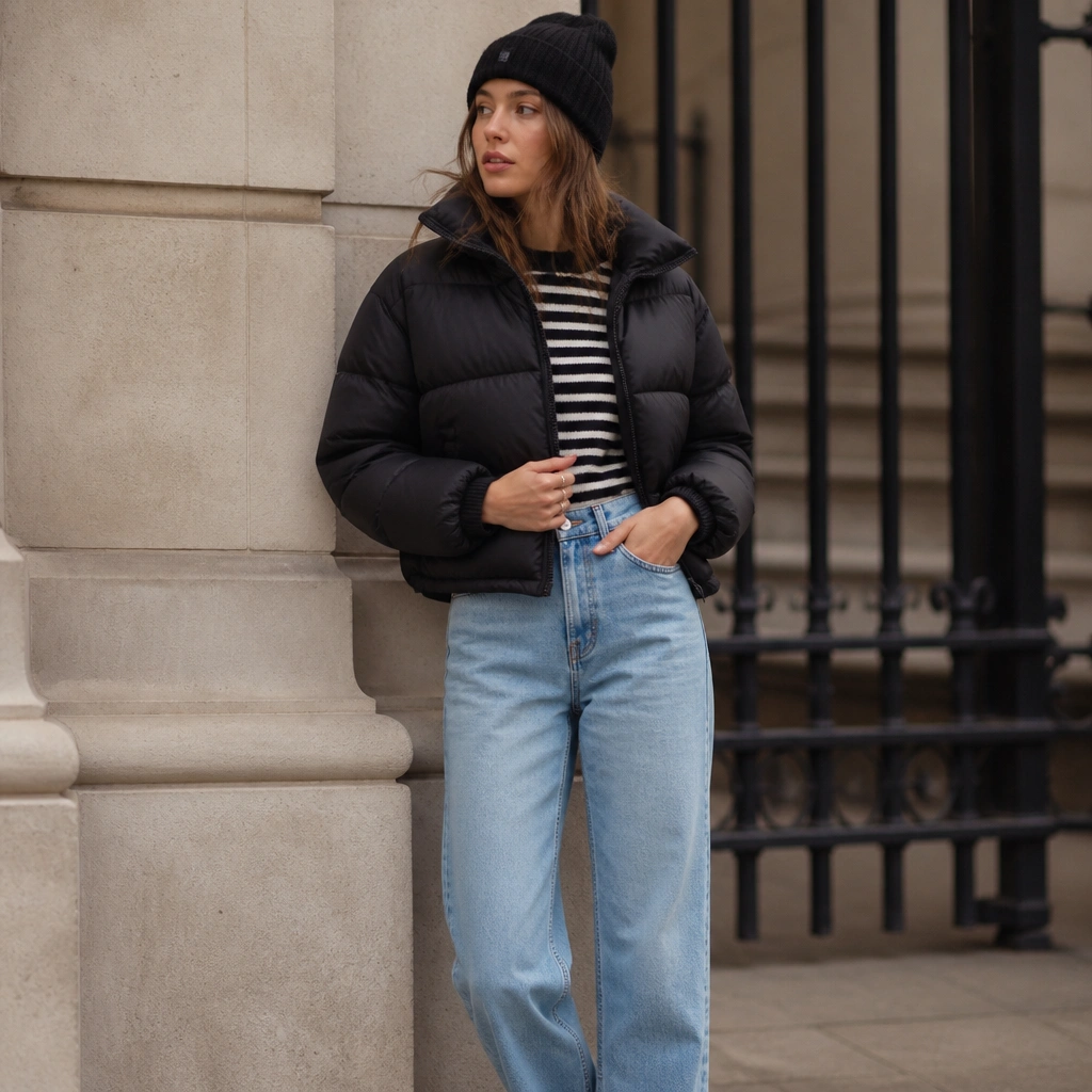 A short puffer jacket layered over a black-and-white striped tee with high-rise straight jeans and a knit beanie.