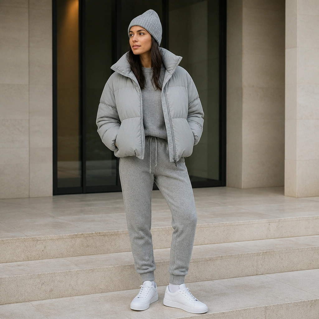 A puffer jacket worn over a matching knit top and joggers in heather gray, with clean white sneakers and a beanie.