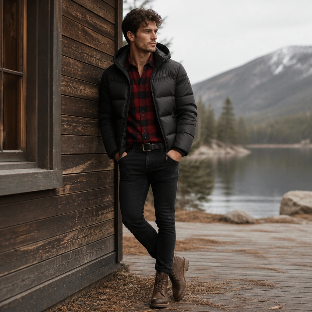 A puffer jacket layered over a red-and-black flannel button-up tucked into dark skinny jeans, with brown lace-up boots.