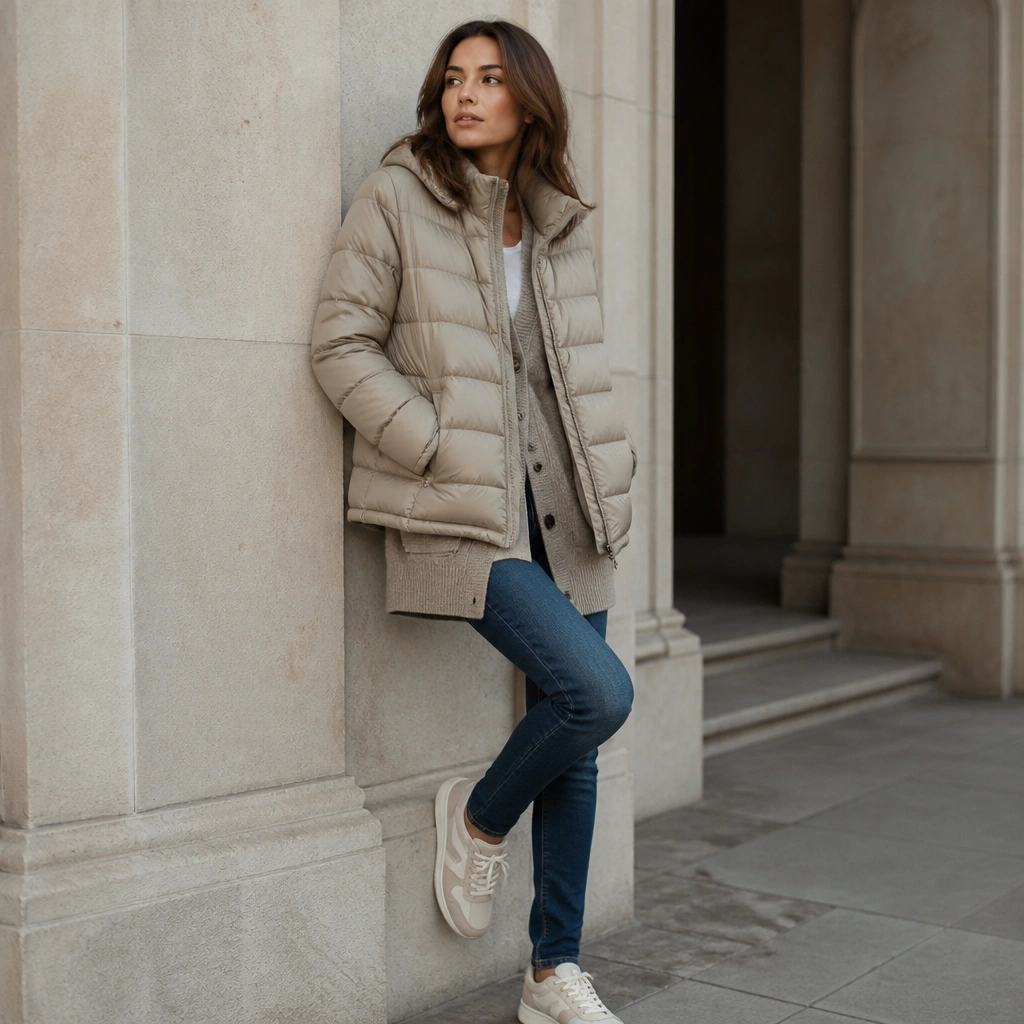 A puffer jacket worn over a long cardigan that peeks out at the bottom hem, styled with slim jeans and neutral sneakers.