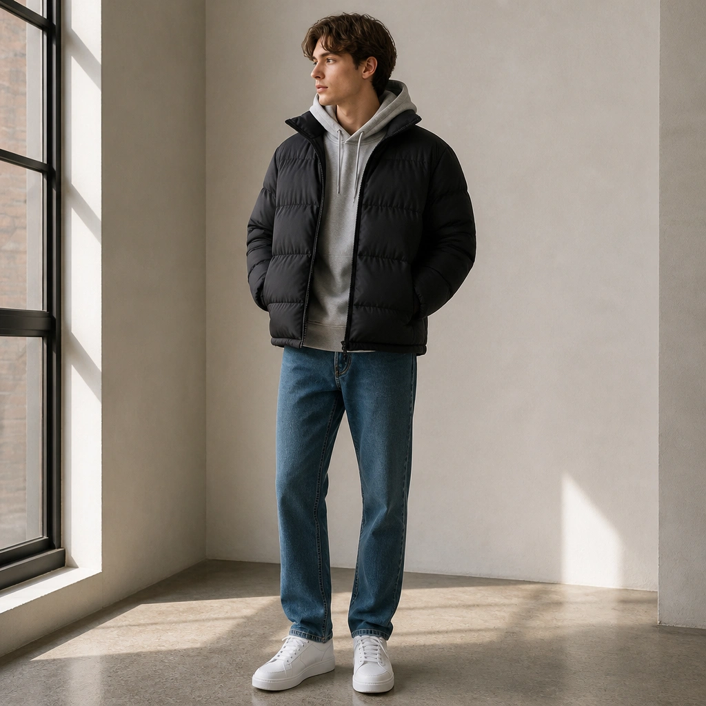 A puffer jacket layered over a gray hoodie with the hood down, paired with straight-leg jeans and white sneakers.