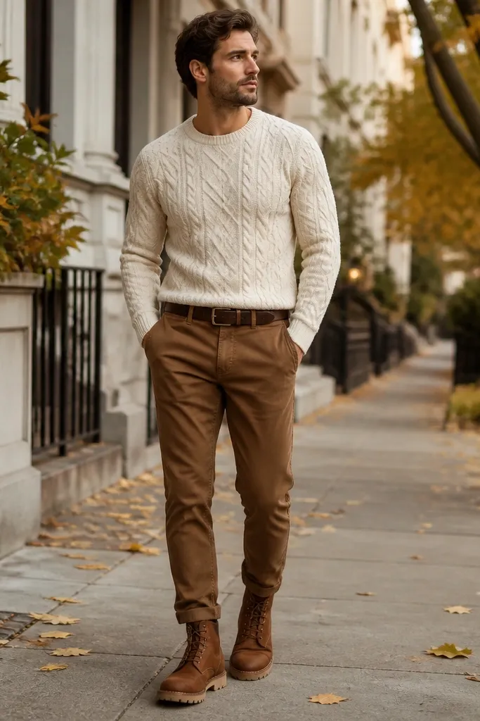 A cream cable-knit sweater tucked into tobacco-colored chinos, with brown Timberland boots and a simple brown belt; the look is photographed outdoors on a sidewalk.