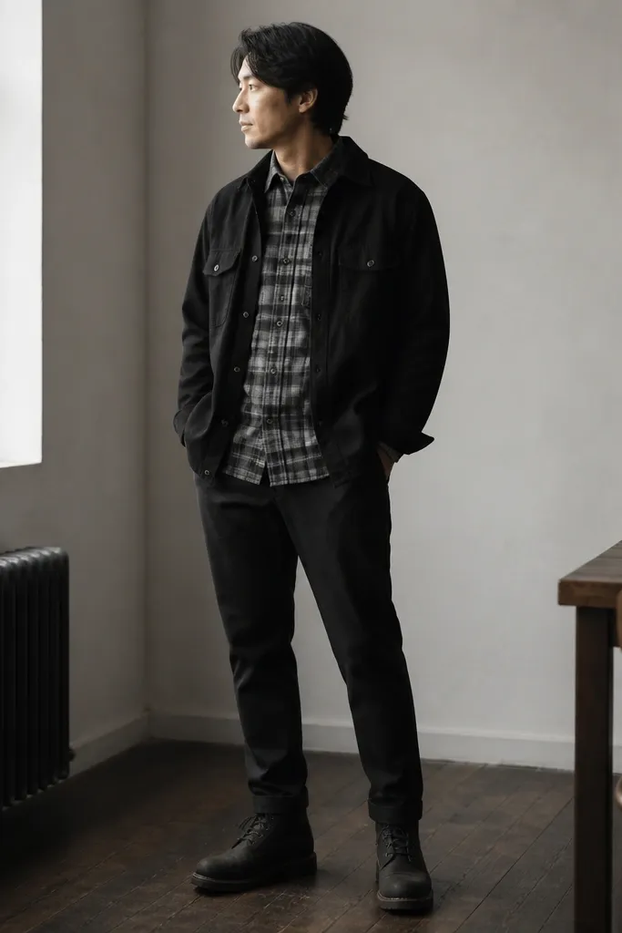 A black overshirt worn open over a grey flannel button-down, paired with dark trousers and dark Timberland boots; the collar and button placket are clearly visible.