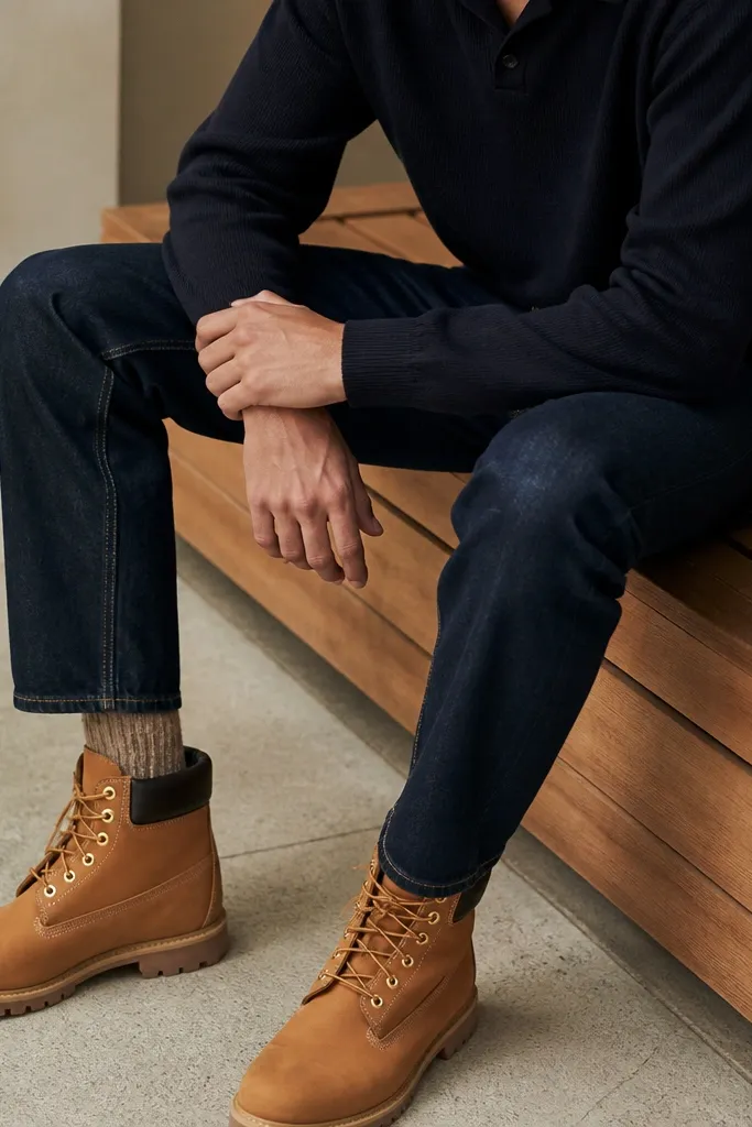 A navy knit polo with a relaxed collar, dark denim jeans slightly cropped to show socks, and tan Timberland boots; the frame focuses on the upper thigh-to-boot area.
