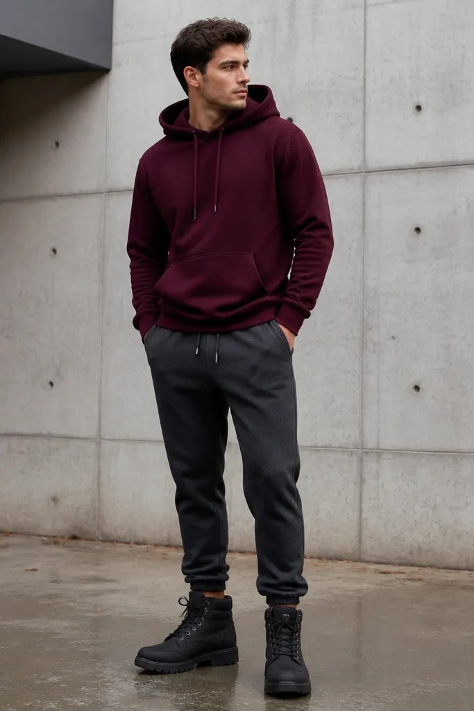 A burgundy hoodie worn with charcoal joggers and black Timberland boots; the photo shows a neat drawstring and tapered jogger hem.