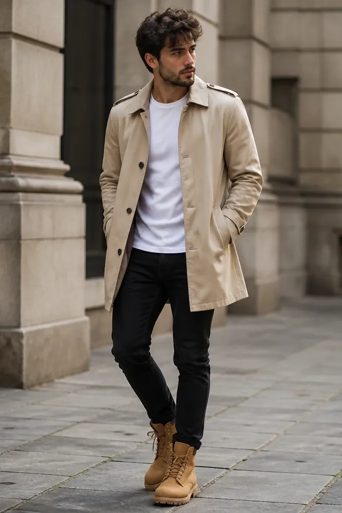 A sand trench coat over a white crew tee, paired with black slim jeans and tan Timberland boots; the trench hem falls mid-thigh.
