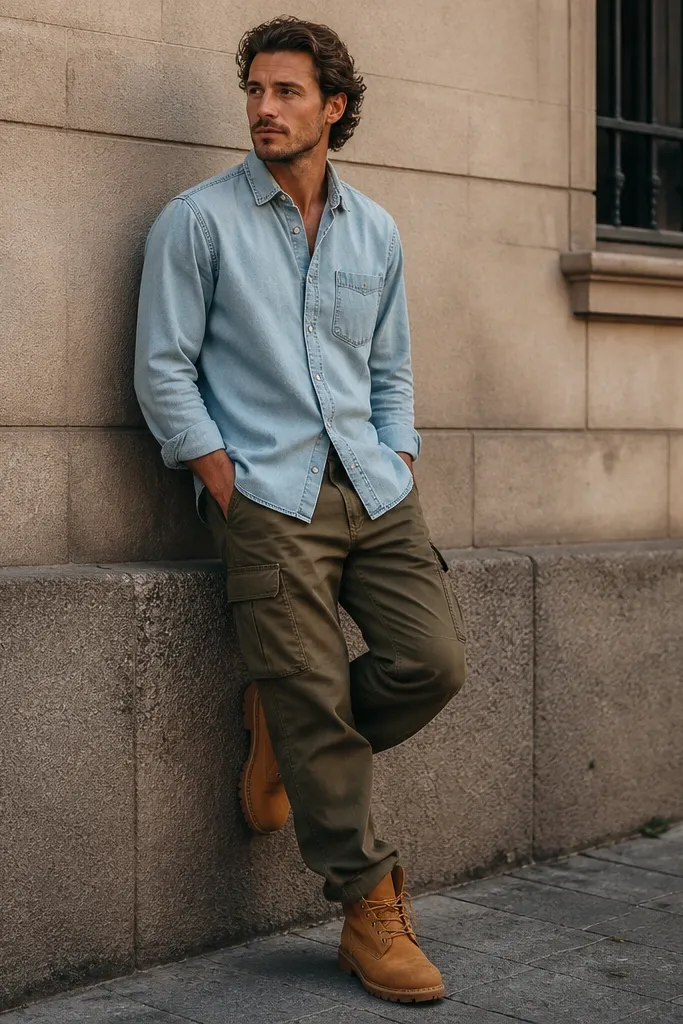 A light wash denim overshirt buttoned halfway, olive cargo pants with visible pockets, and brown Timberland boots; the outfit is photographed street-style style.