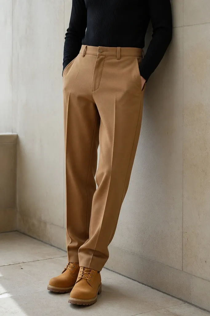 A black fitted turtleneck tucked into camel wool-blend trousers, styled with tan Timberland boots; the photo highlights the waistband and smooth trouser drape.