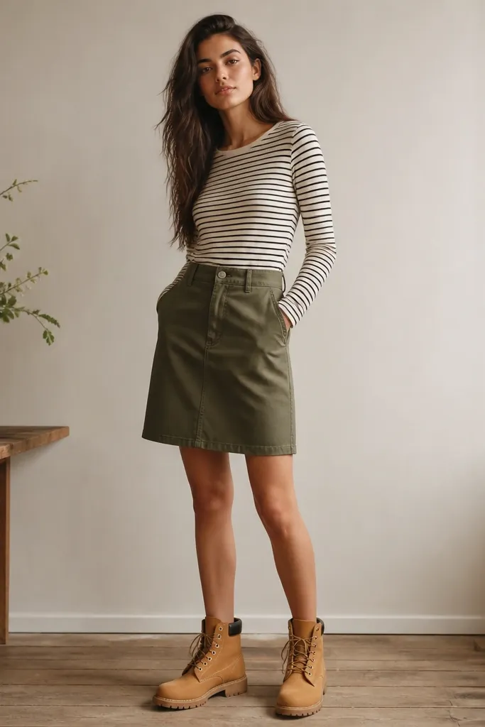 A striped long-sleeve top tucked into an olive A-line skirt, with tan Timberland boots; the skirt hem sits above the boot tops.