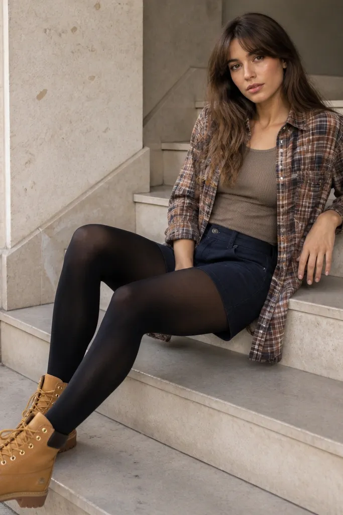 A plaid button-down worn open over a fitted top, dark chino shorts, black tights, and tan Timberland boots; the photo shows the leg transition clearly.