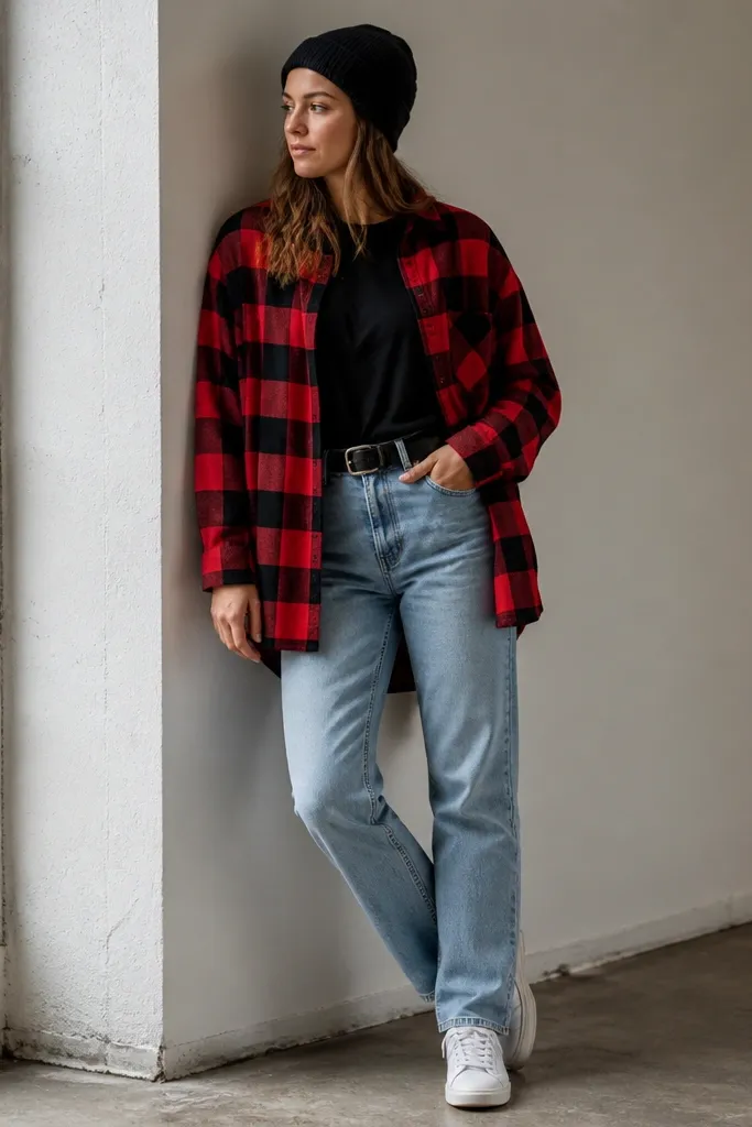 Red and black buffalo check oversized flannel worn open over a plain black tee, paired with straight-leg light wash jeans. The outfit is styled with a belt, white sneakers, and a beanie.