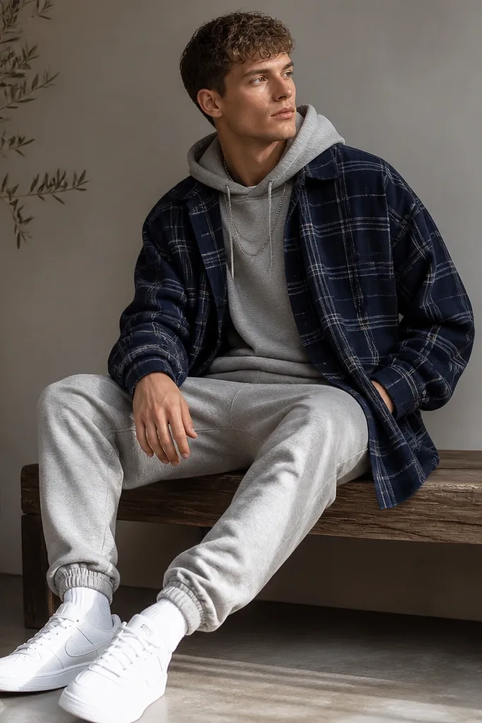 Navy oversized flannel draped open over a heather gray hoodie and joggers. White low-top trainers and a simple silver chain necklace are shown.
