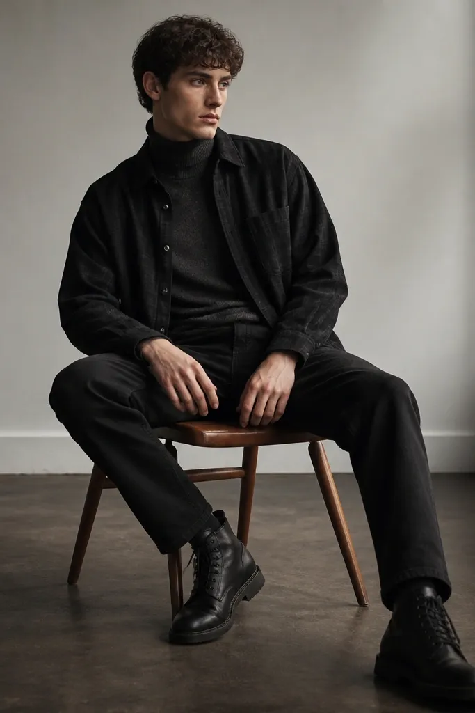Black oversized flannel button-up worn open over a charcoal turtleneck. Straight black denim and black leather lace-up boots complete the monochrome look.