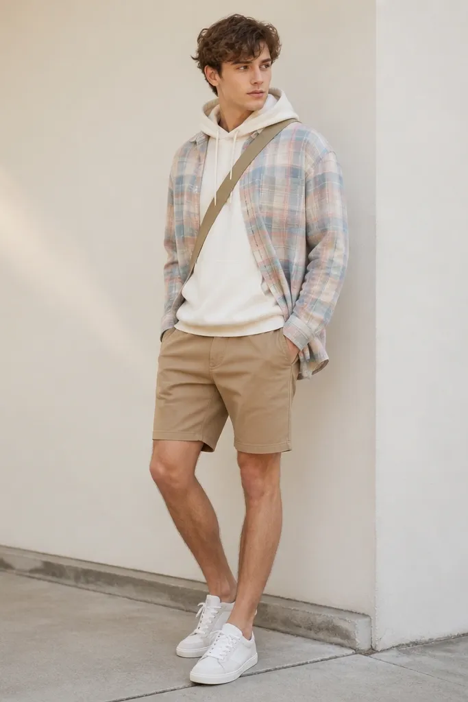 Light pastel plaid oversized flannel worn open over an off-white hoodie. Tan chino shorts and white sneakers are shown, with a crossbody strap across the chest.