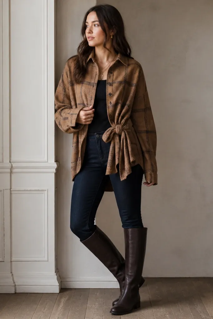 Camel oversized flannel layered over a dark fitted top, paired with dark wash skinny jeans and tall riding boots. The flannel is slightly buttoned at the top with a belt-like tie at the side.