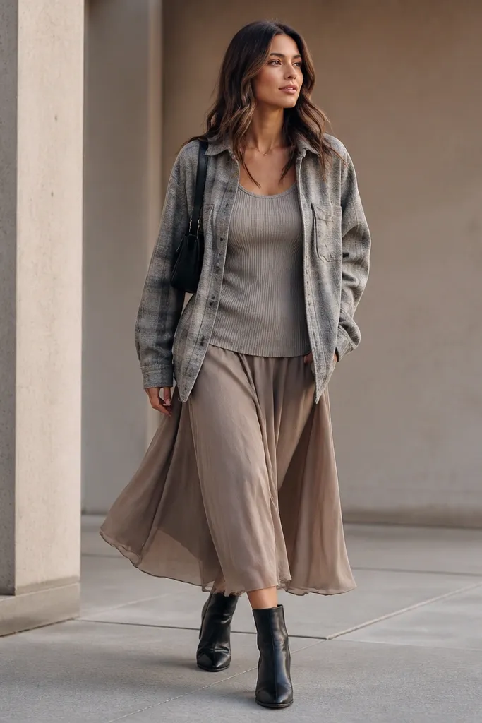 Gray oversized flannel worn open over a longline ribbed tank. A flowy midi skirt in muted taupe moves below, with black ankle boots and a small shoulder bag.