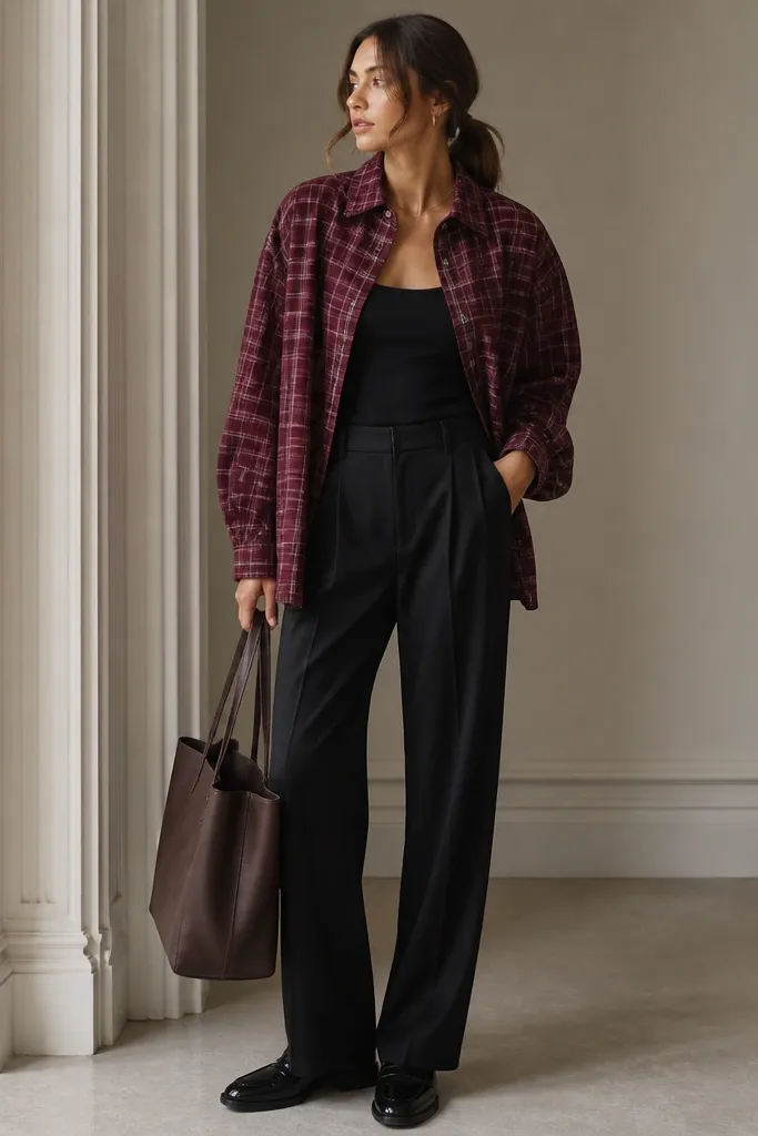 Burgundy oversized flannel button-up worn slightly open over a black fitted top. Black pleated trousers fall straight, paired with glossy loafers and a structured tote.