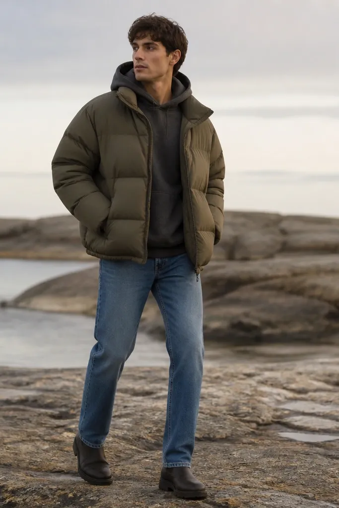 An olive oversized puffer jacket layered over a charcoal hoodie, worn with straight-leg medium-wash jeans and dark boots; the jacket collar is visible and slightly open.