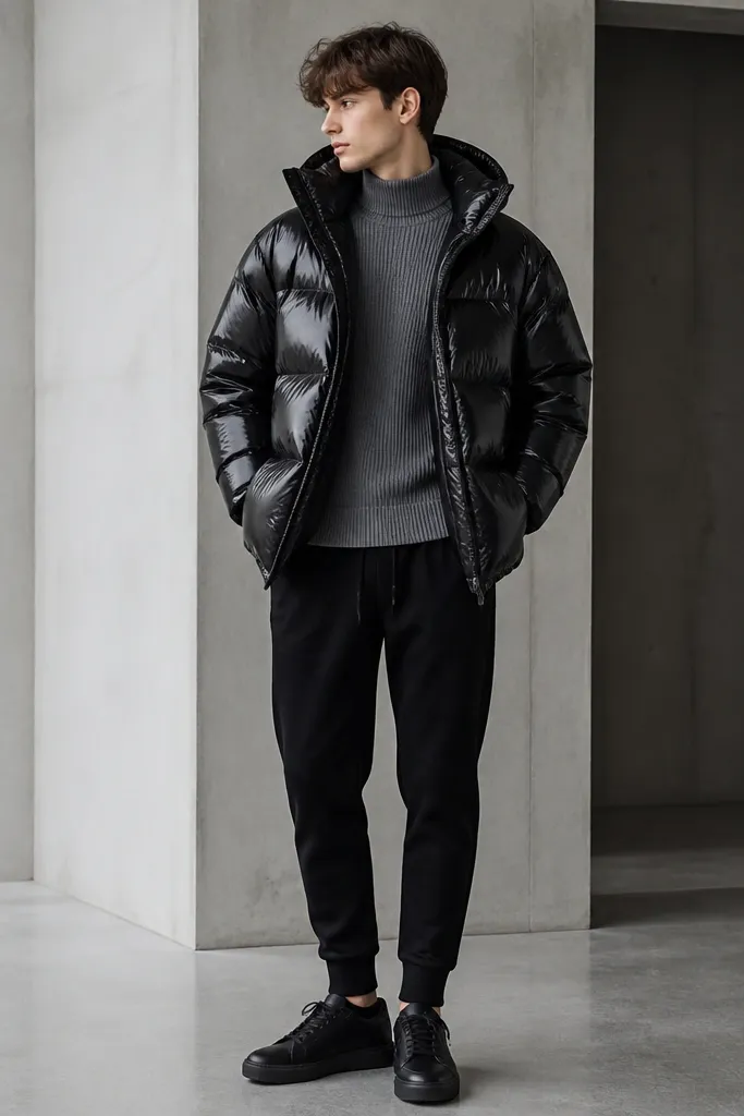 A black oversized puffer with a glossy finish, paired with a gray ribbed mock neck sweater and black joggers; the model’s hands are in the jacket pockets and the shoes are black minimal sneakers.